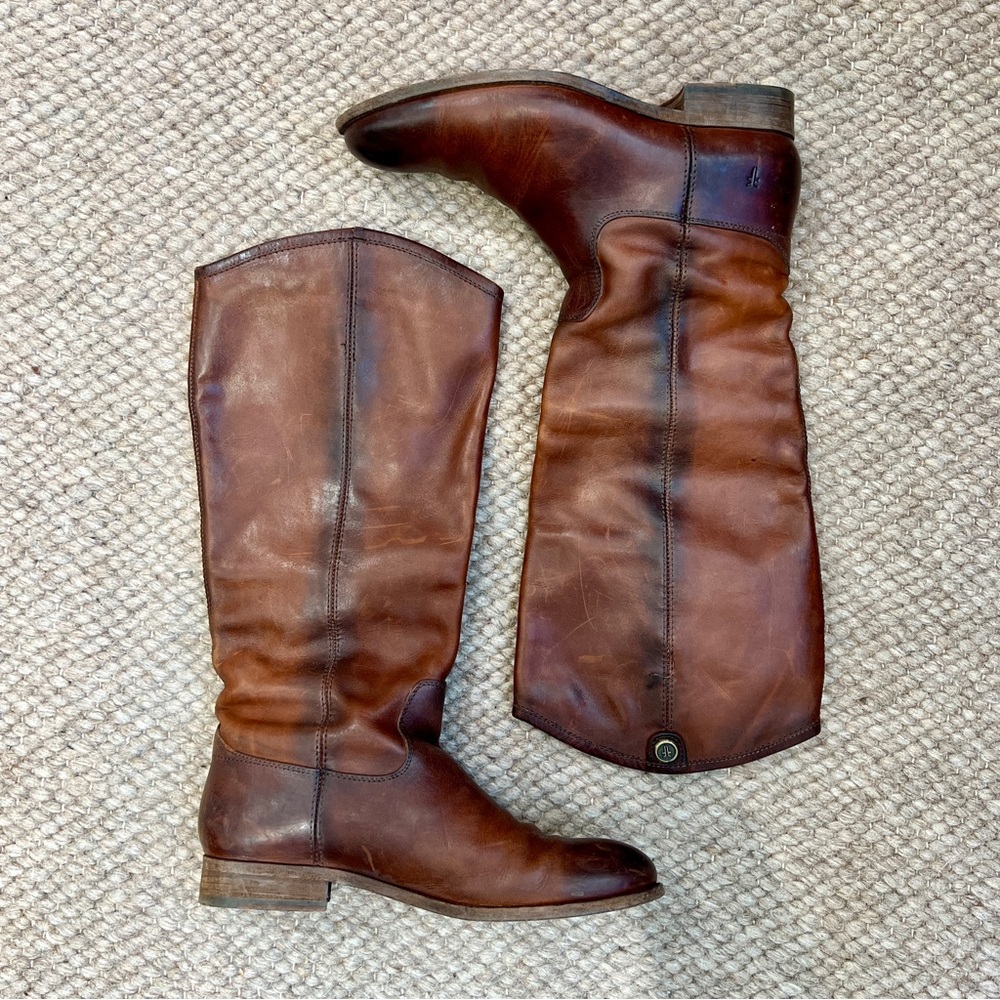 Frye Melissa Button 2 Brown Leather Knee-High Riding Boots in Extended Calf